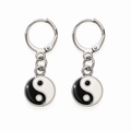 A pair of silver leverback earrings with round dangling charms featuring a black and white Yin Yang symbol, shown on a plain white background.