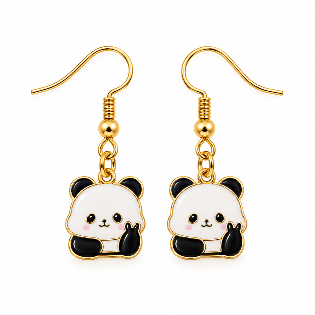 A pair of gold-tone dangle earrings featuring cute cartoon panda charms with black and white enamel details, shown on a plain white background.