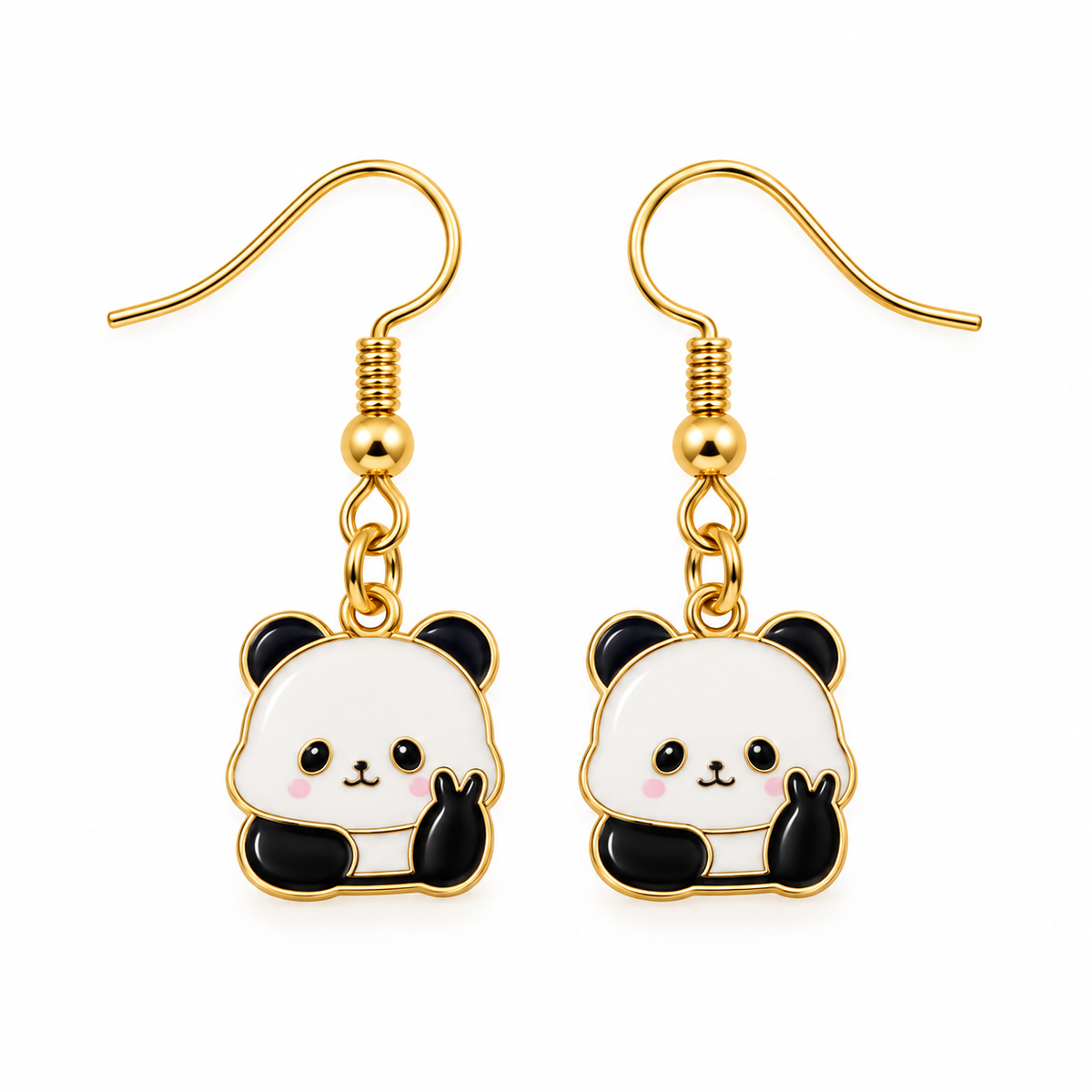 A pair of gold-tone dangle earrings featuring cute cartoon panda charms with black and white enamel details, shown on a plain white background.