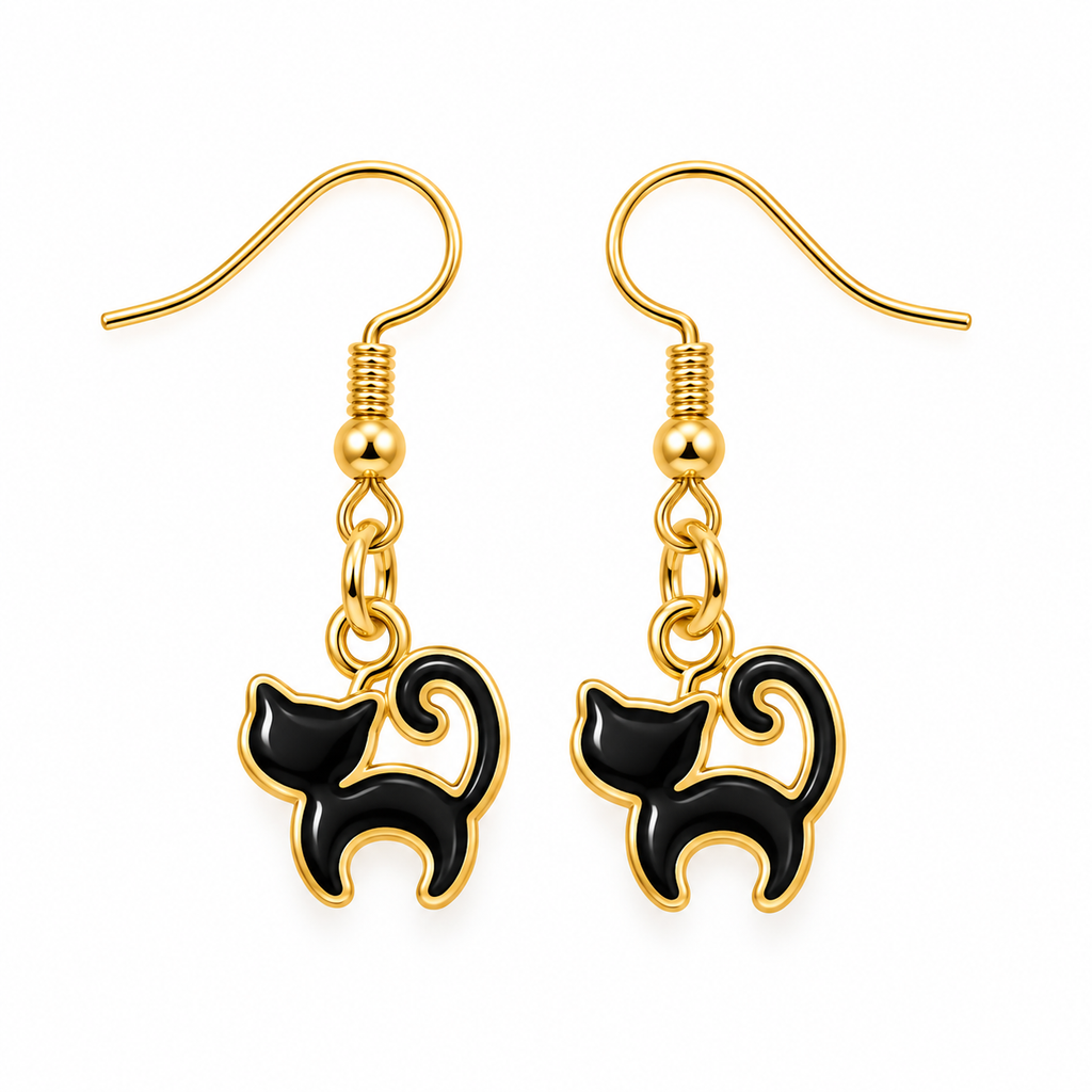 A pair of gold-tone dangle earrings featuring black cat-shaped charms outlined in gold, shown on a plain white background.