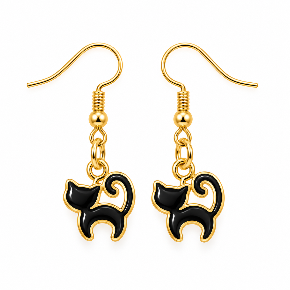 A pair of gold-tone dangle earrings featuring black cat-shaped charms outlined in gold, shown on a plain white background.