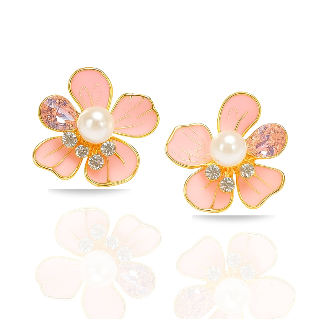 Pink Floral Pearl Stud