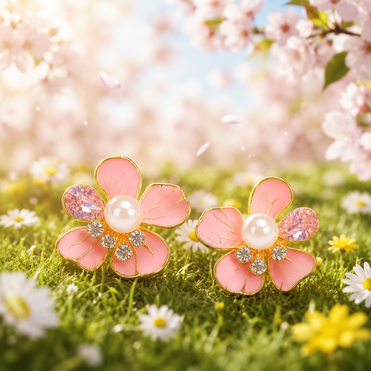 Pink Floral Pearl Stud