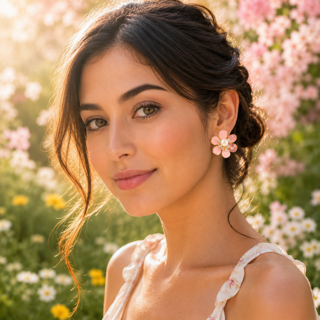 Pink Floral Pearl Stud