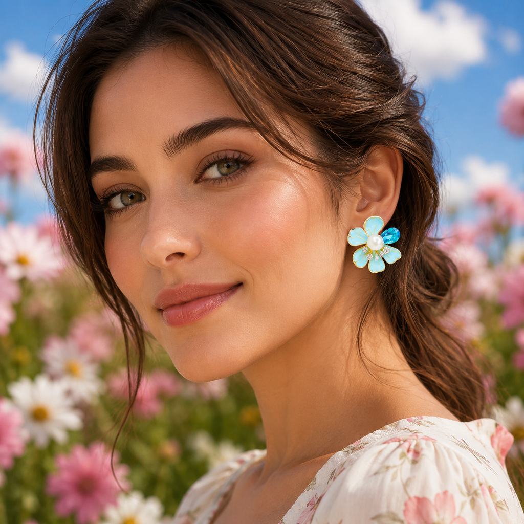 Blue Floral Pearl Stud
