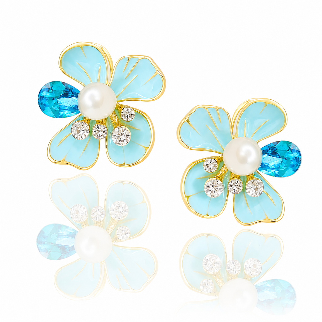 Blue Floral Pearl Stud