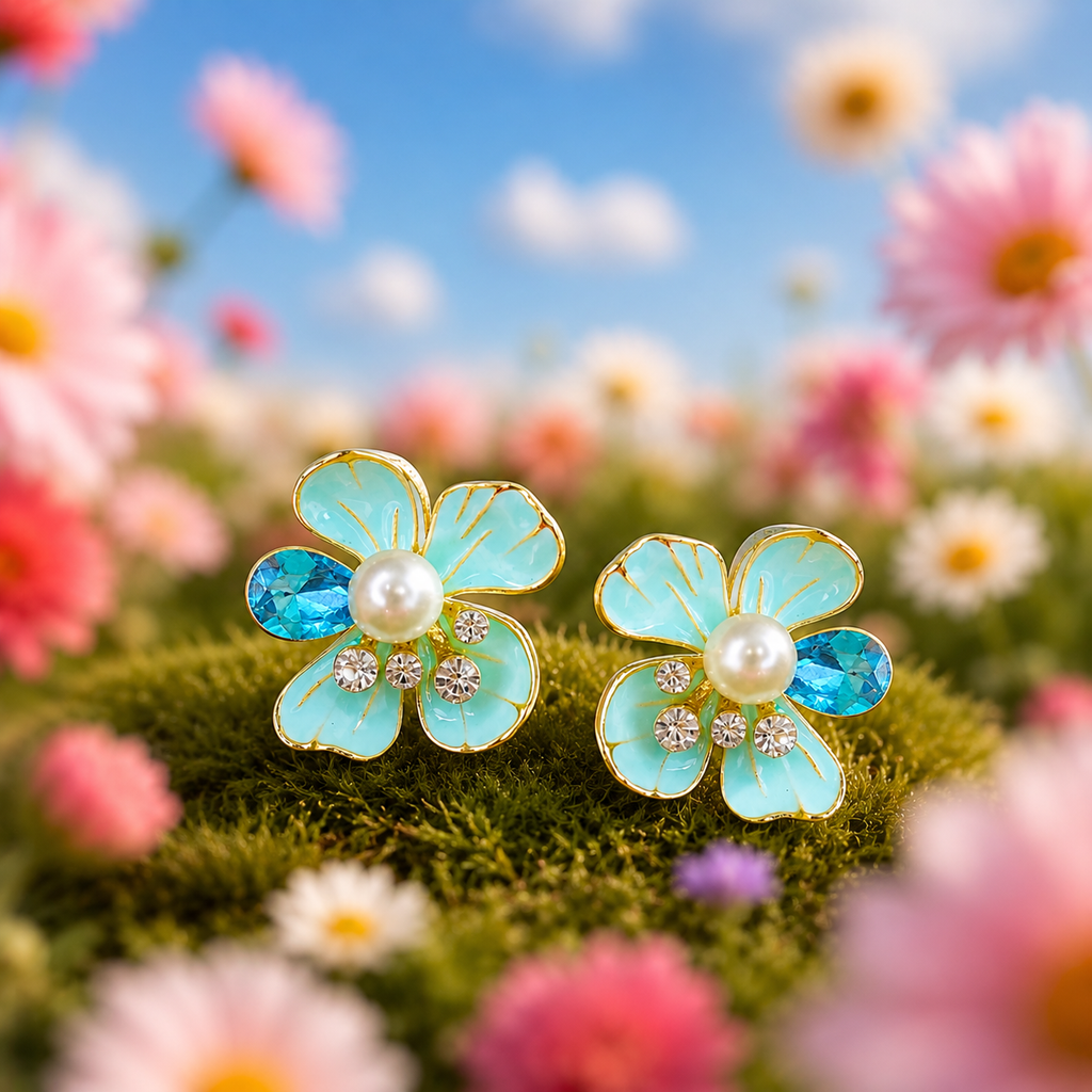 Blue Floral Pearl Stud