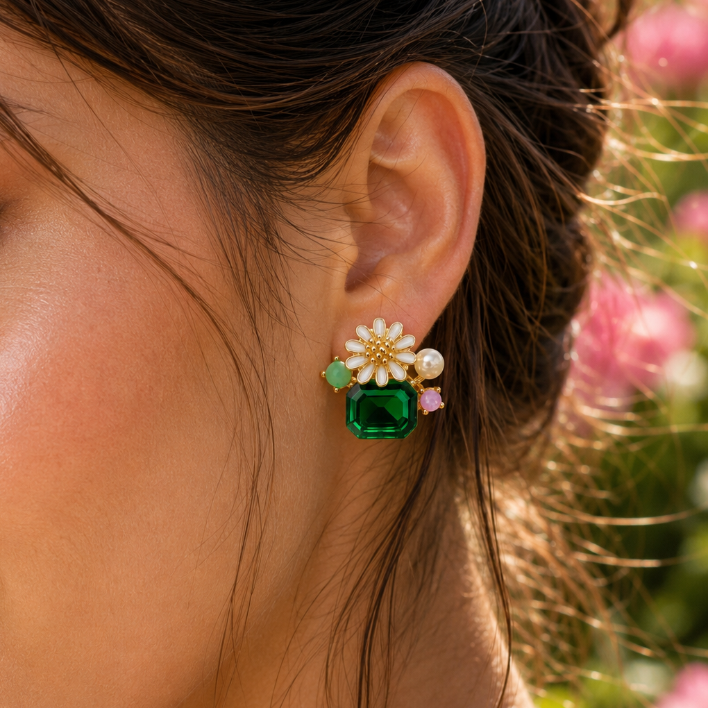 Green Floral Stud