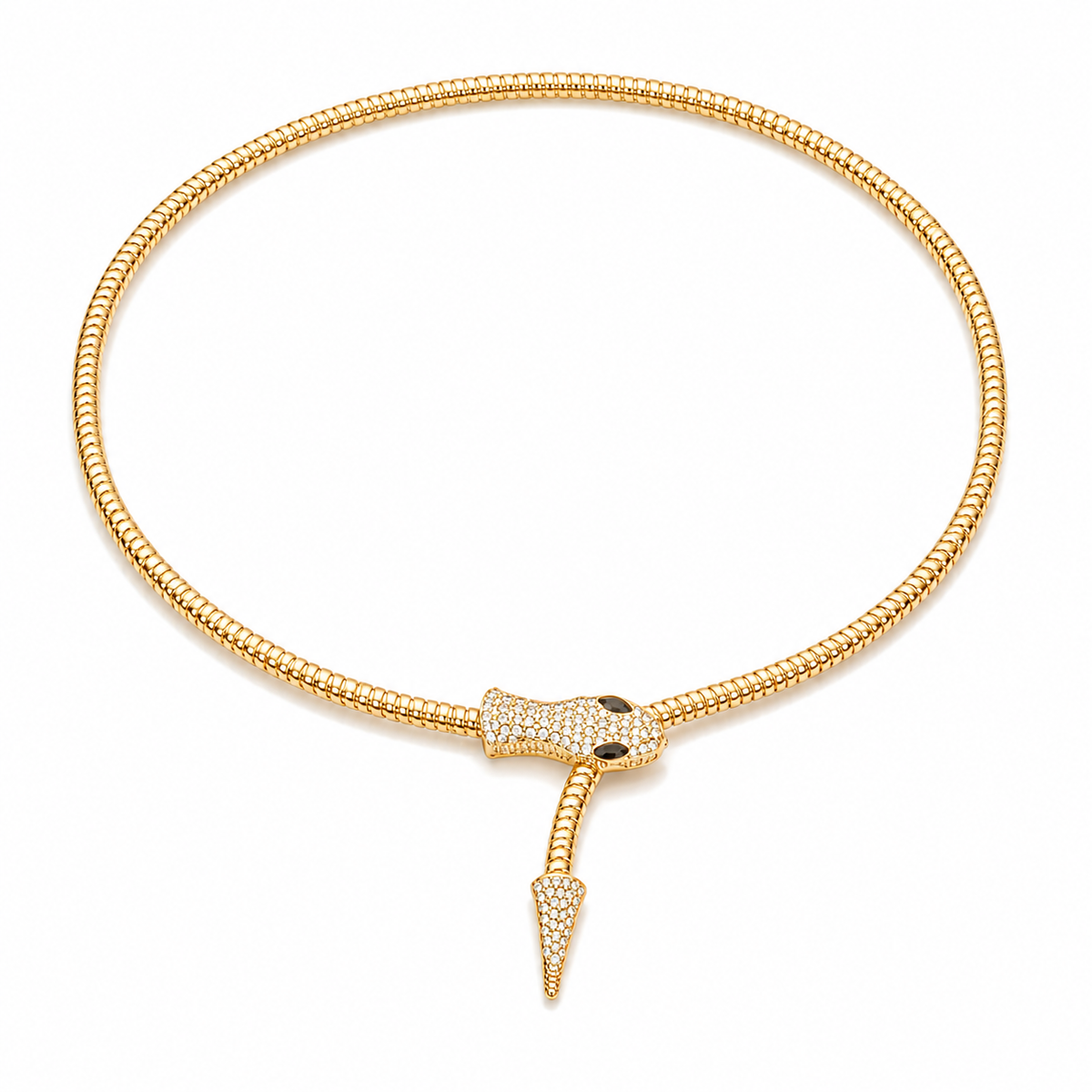 A gold snake-head clasp choker necklace paved with small clear stones, featuring a hanging snake tail pendant, shown on a plain white background.