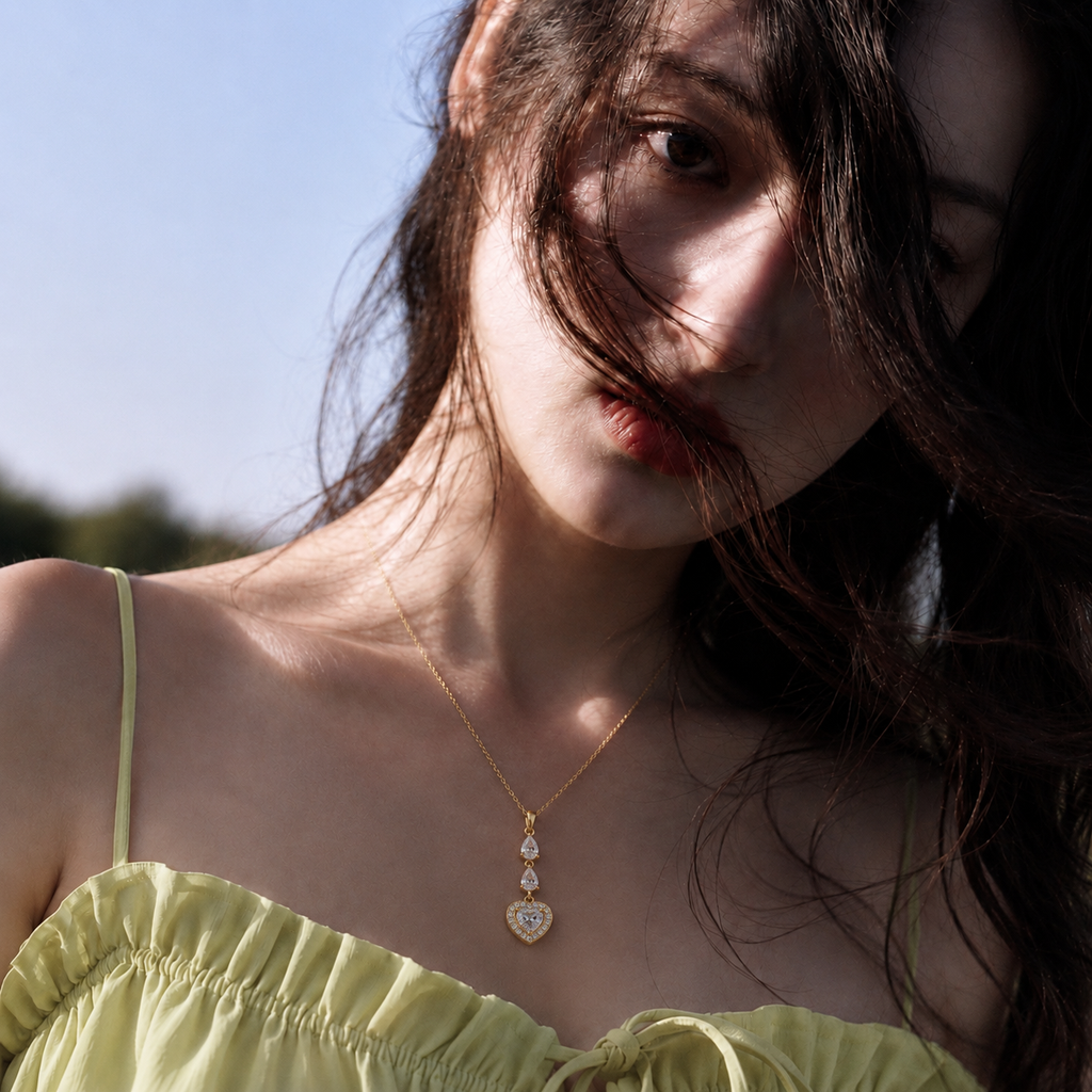 A close-up lifestyle shot of a woman wearing a delicate gold pendant necklace with a heart-shaped charm set with clear stones. She is wearing a light yellow-green ruffled top, with her dark hair blowing in the wind against a soft-focus outdoor background.