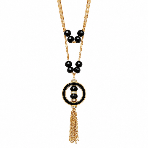 A gold-tone and black beaded necklace featuring a circular pendant with a central black bead, flanked by small gold beads, and finished with a dangling gold-tone tassel chain, shown on a plain white background.