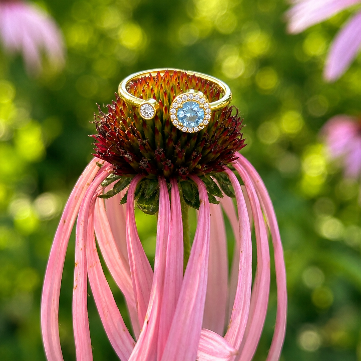 A gold ring set with a round light blue gemstone and a smaller clear stone, displayed on the center of a pink coneflower against a soft green bokeh background.