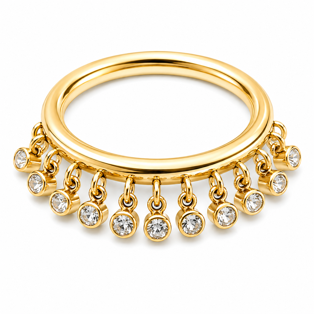 A polished yellow gold ring featuring a wide band with multiple dangling bezel-set clear round gemstones, shown on a clean white background.