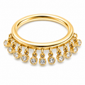 A polished yellow gold ring featuring a wide band with multiple dangling bezel-set clear round gemstones, shown on a clean white background.