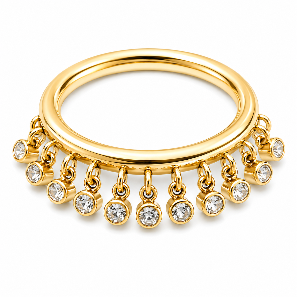 A polished yellow gold ring featuring a wide band with multiple dangling bezel-set clear round gemstones, shown on a clean white background.
