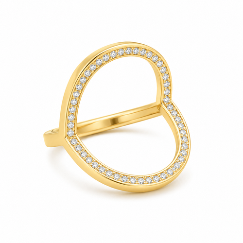 A gold open heart-shaped ring set with small clear pavé stones along the outer edges, shown on a clean white background.