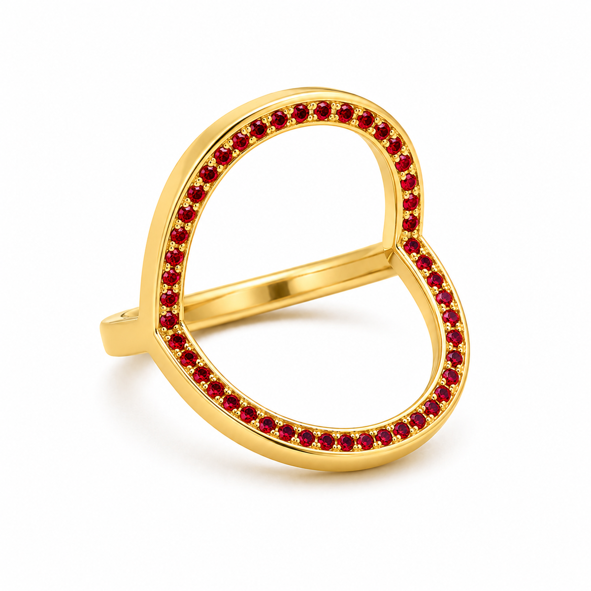 A gold ring with an open, rounded teardrop-like shape, accented by rows of small red gemstones along the outer edge, shown on a clean white background.