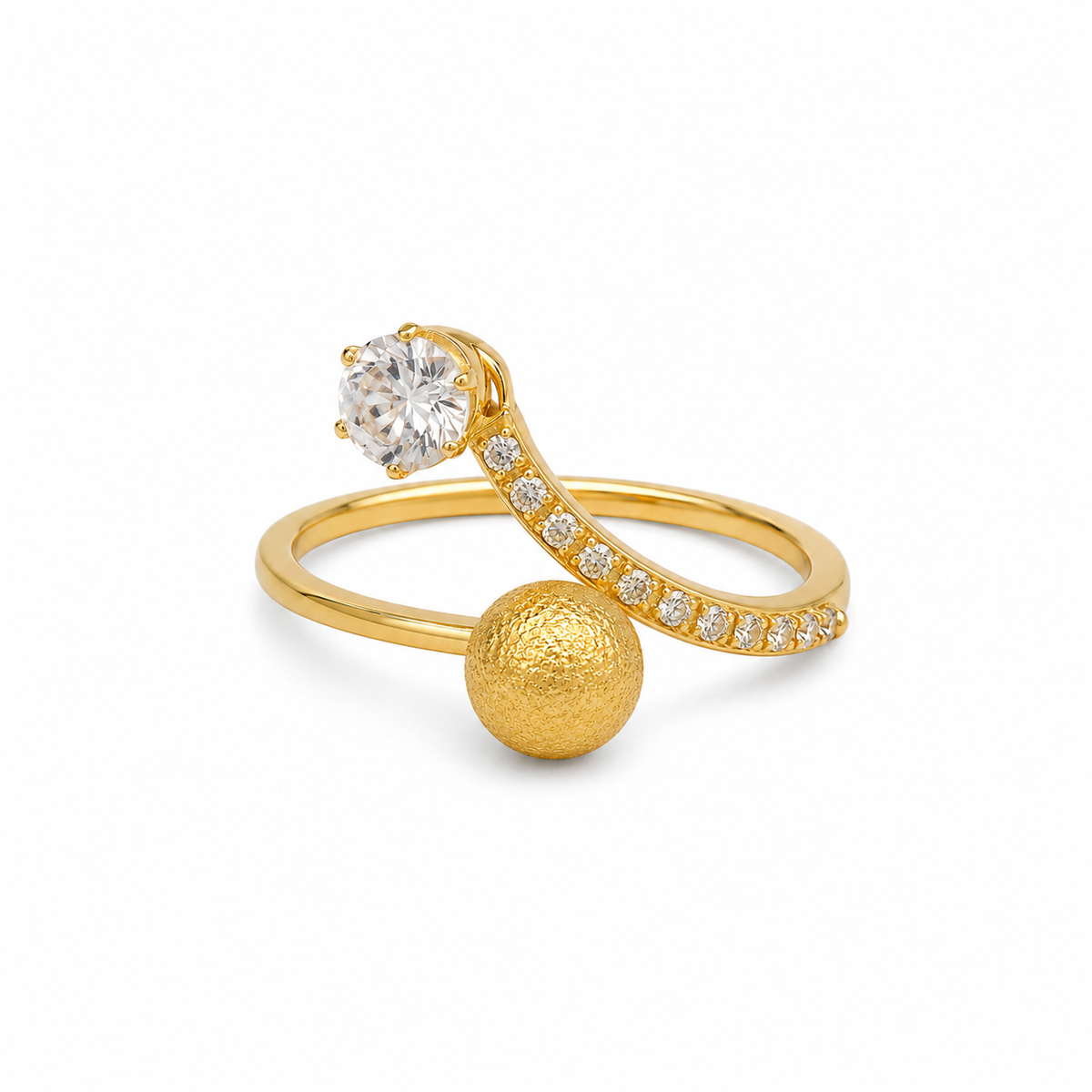 A gold ring featuring a curved band with small clear stones, a round clear center stone, and a textured gold sphere dangling from the front, shown on a plain white background.