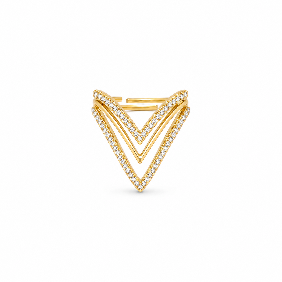 A gold chevron ring featuring multiple parallel V-shaped bands, with the outer bands paved with small clear stones, set against a plain white background.