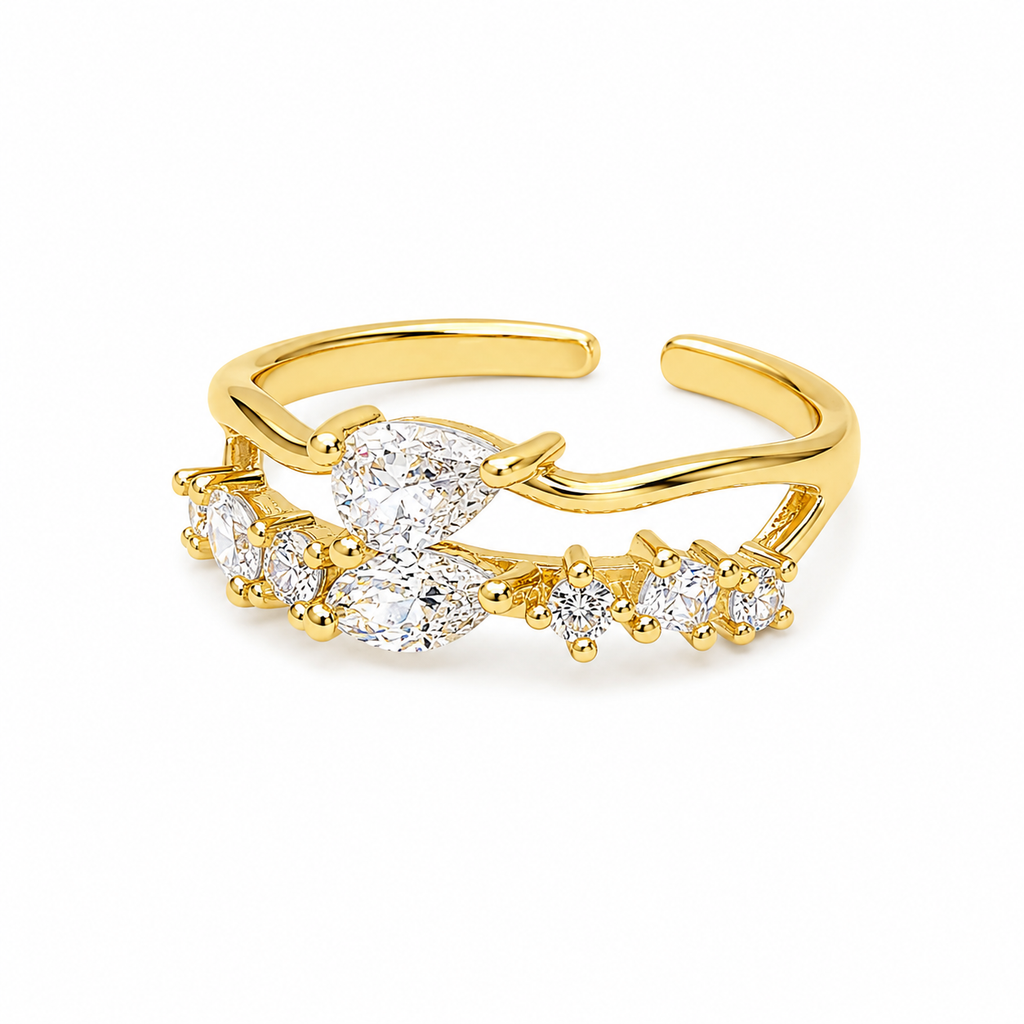 A gold adjustable ring featuring a marquise-cut center stone and smaller round stones along a curved row, set on a plain white background.