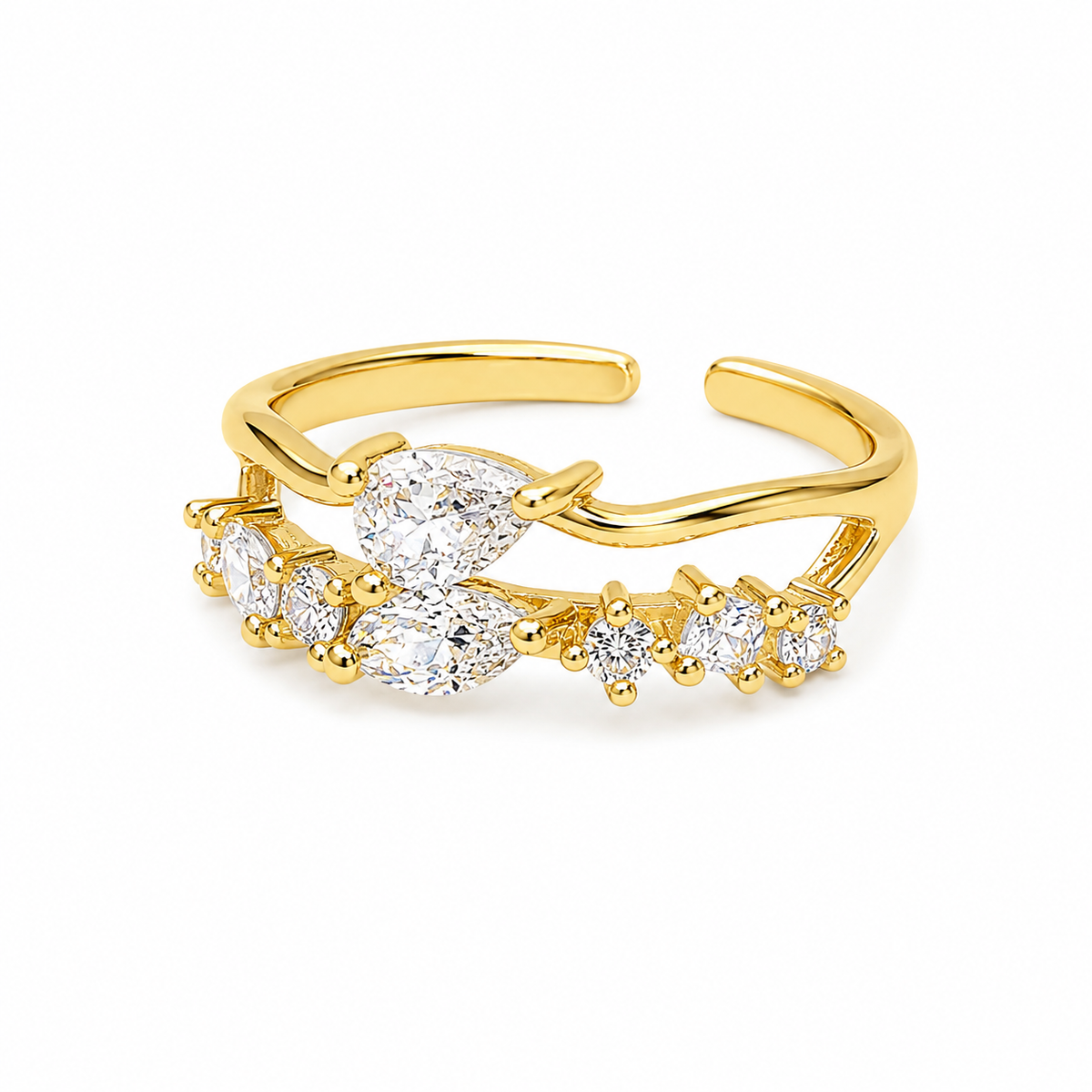 A gold adjustable ring featuring a marquise-cut center stone and smaller round stones along a curved row, set on a plain white background.