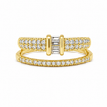 A yellow gold double-band ring set with pavé diamonds and a central baguette diamond cluster, shown on a clean white background.