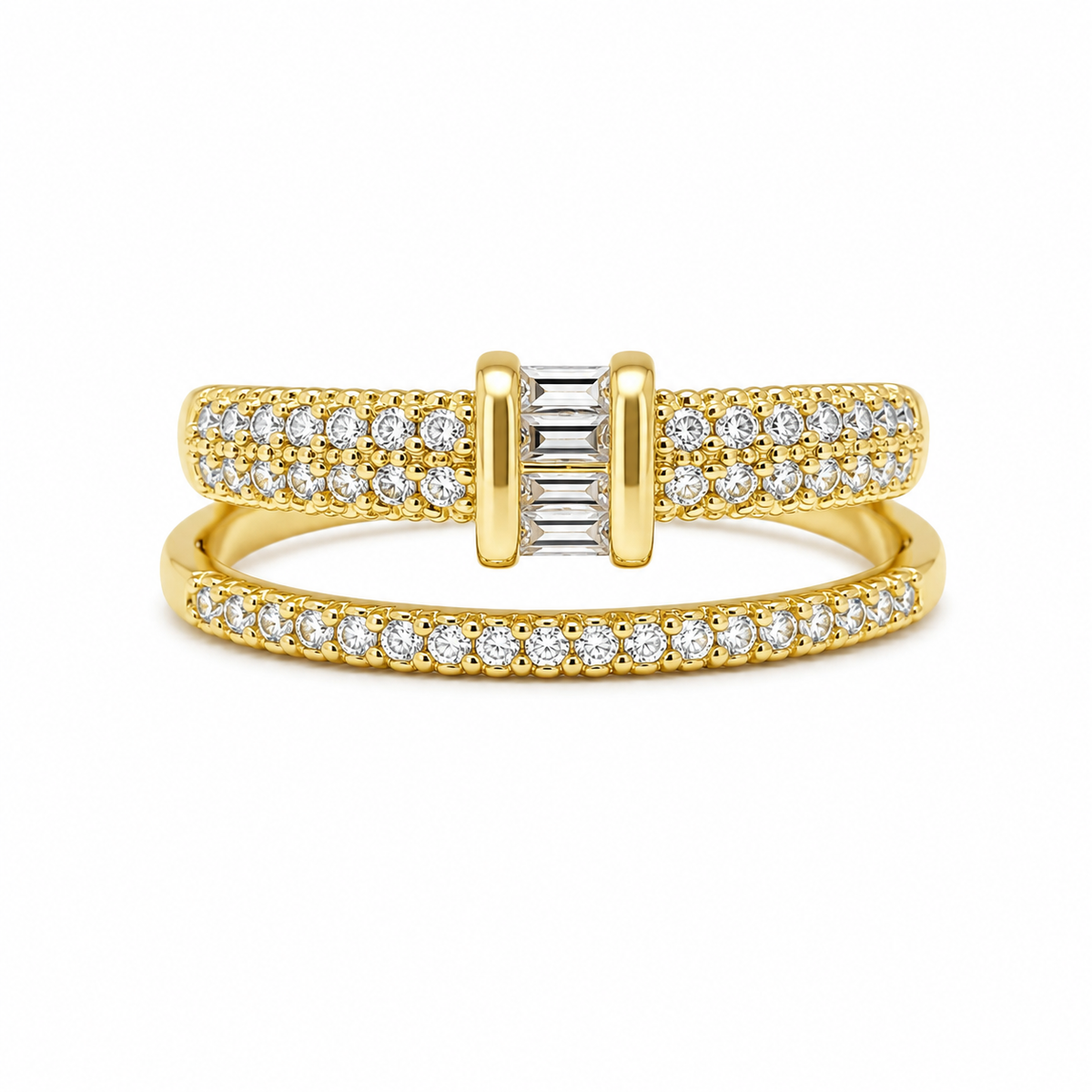 A yellow gold double-band ring set with pavé diamonds and a central baguette diamond cluster, shown on a clean white background.