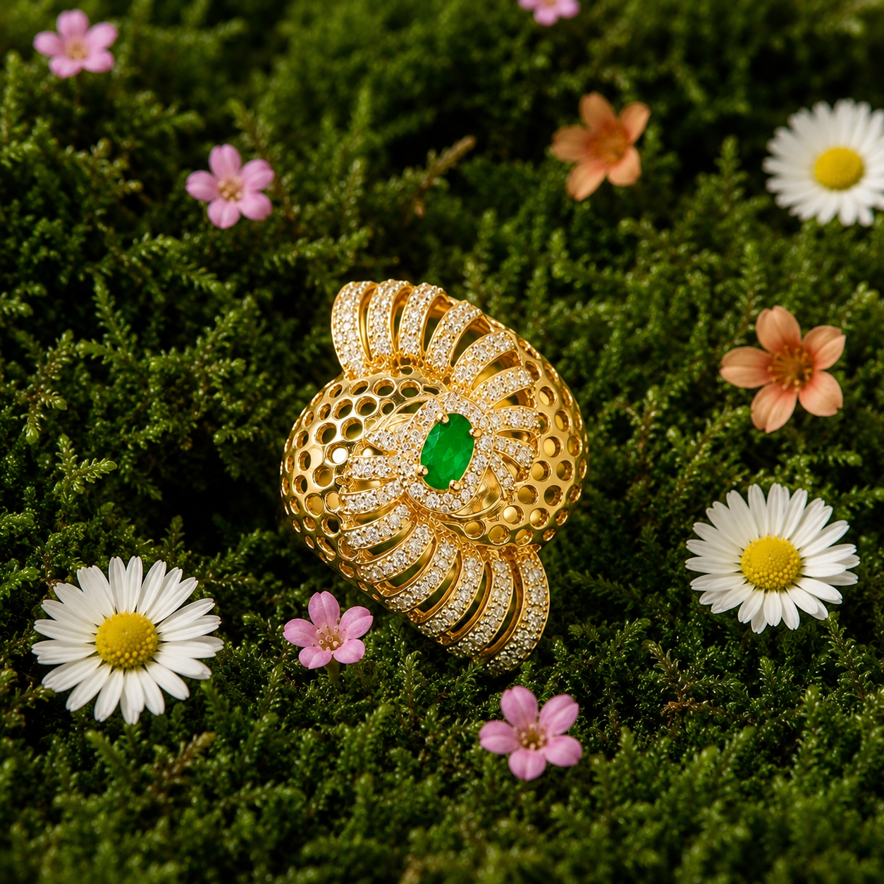A gold ring with a textured, honeycomb-like design, a central green emerald-cut stone, and pavé-set clear stones, displayed on a bed of green moss with small white and pink flowers.