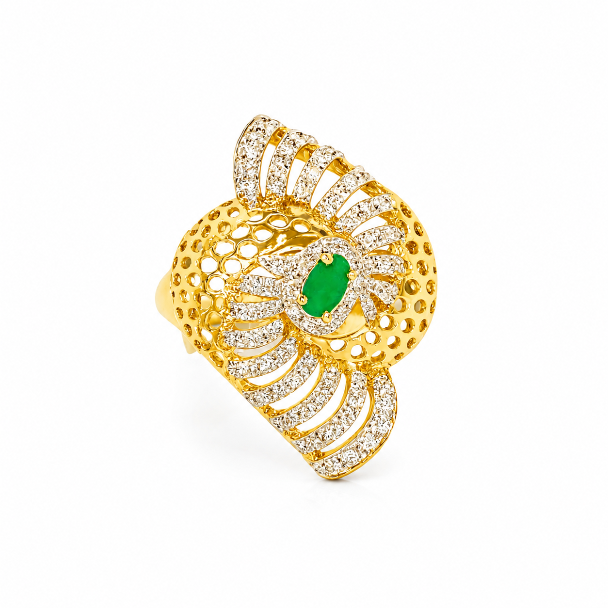 A gold ring featuring a large, ornate openwork design paved with clear stones and a central green oval gemstone, shown on a plain white background.