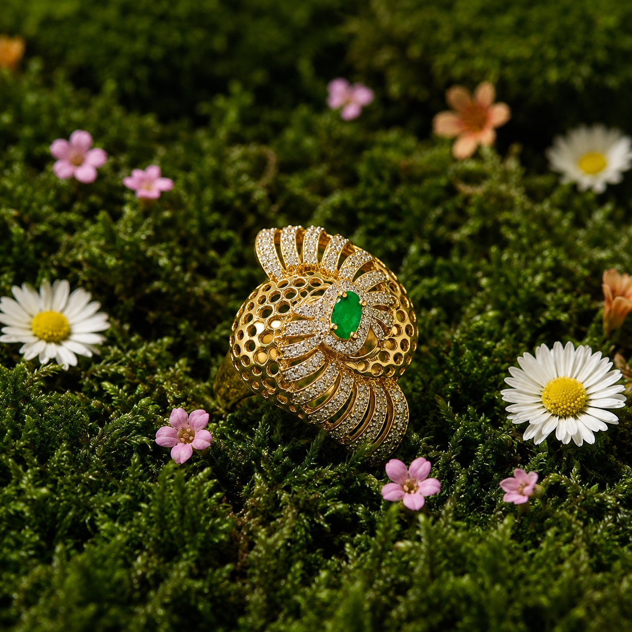 A gold ring with a textured, fan-like pavé setting and a central green emerald, displayed on a bed of green moss with small white daisies and pink flowers.