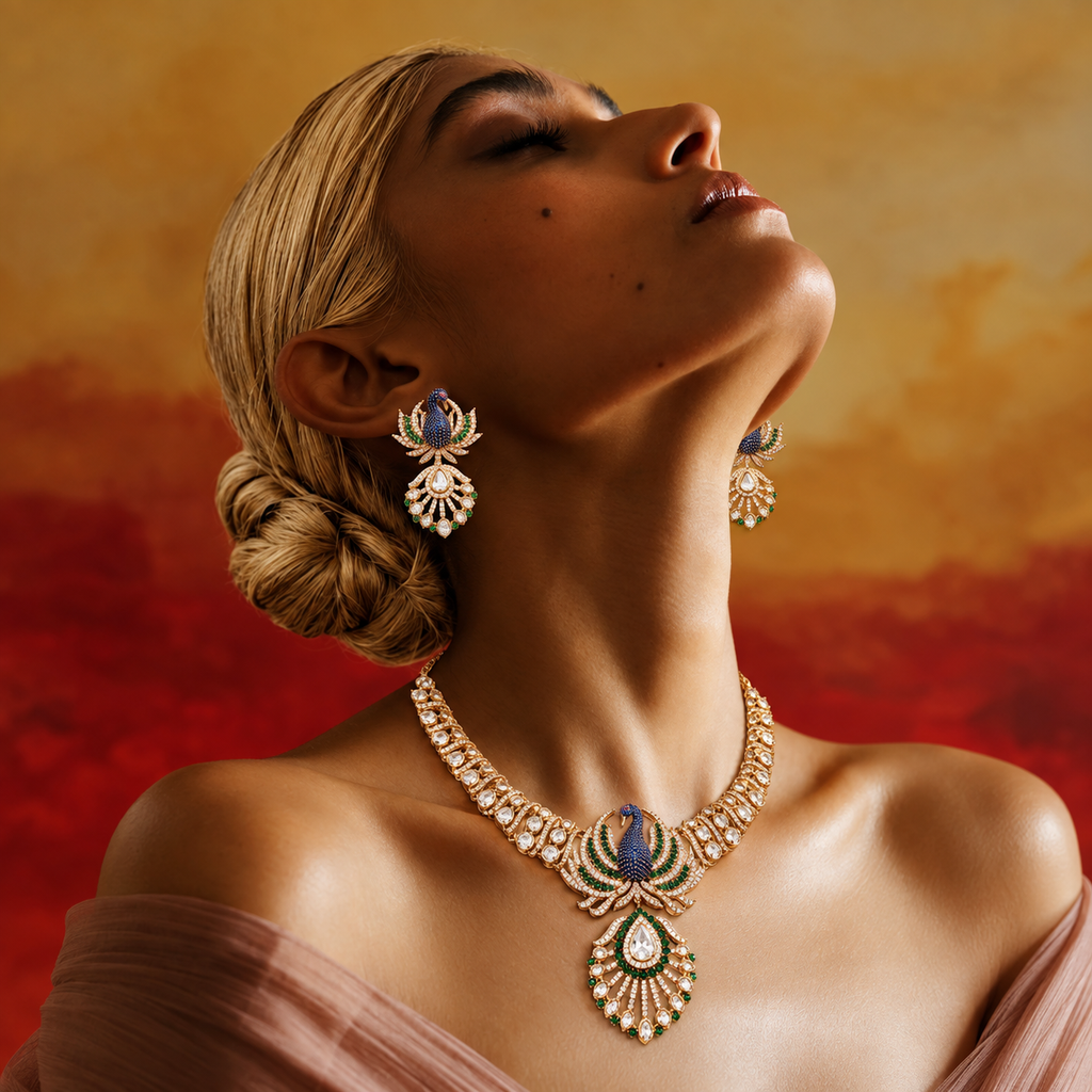 Peacock Kundan Necklace Set with Earrings